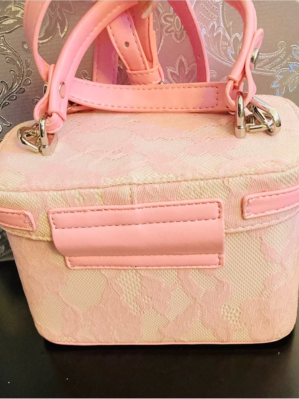 Pink Lace-Textured Top-Handle Crossbody Bag